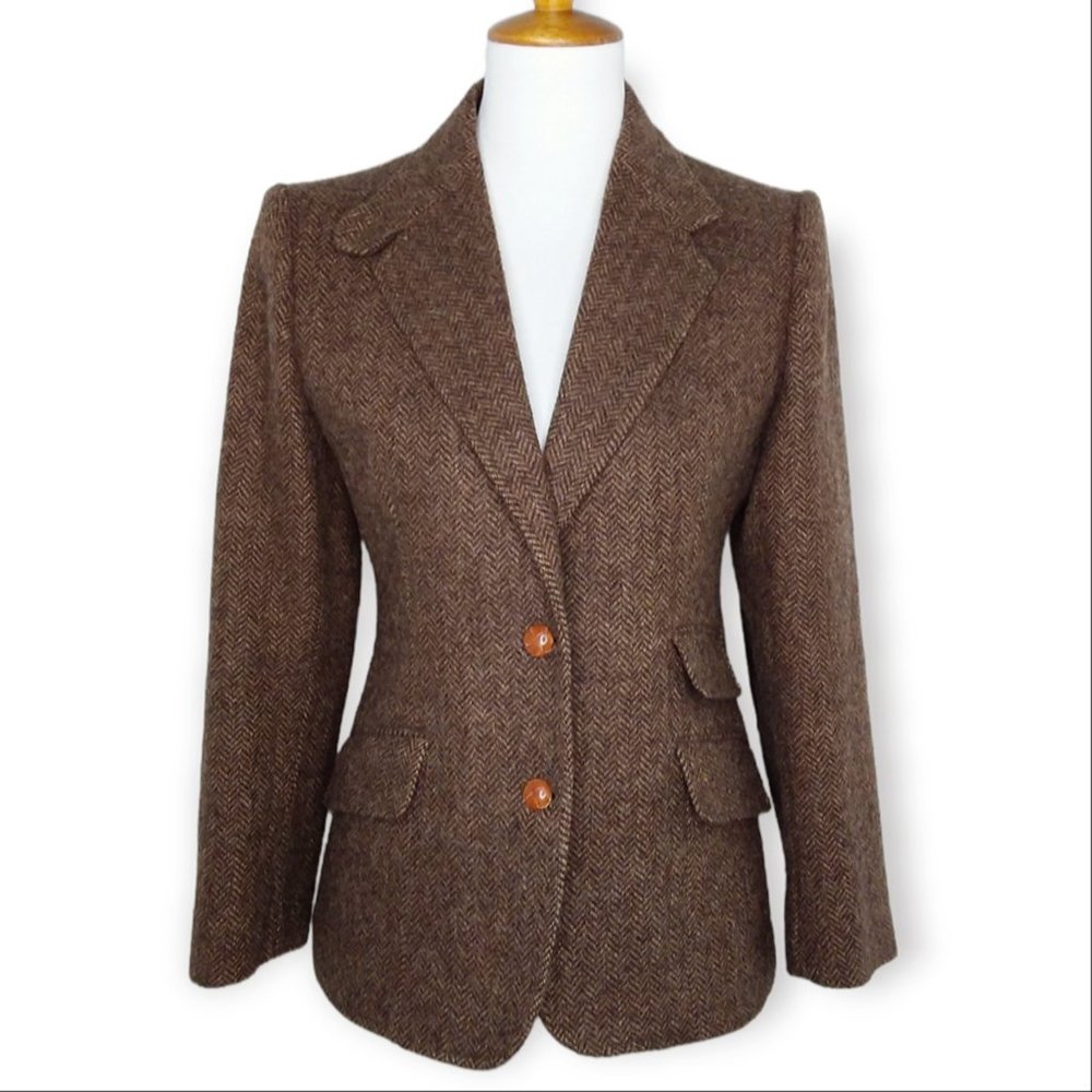 Vintage Charter Club 100% Wool Herringbone Tweed Blazer Size 12P Brown Academia